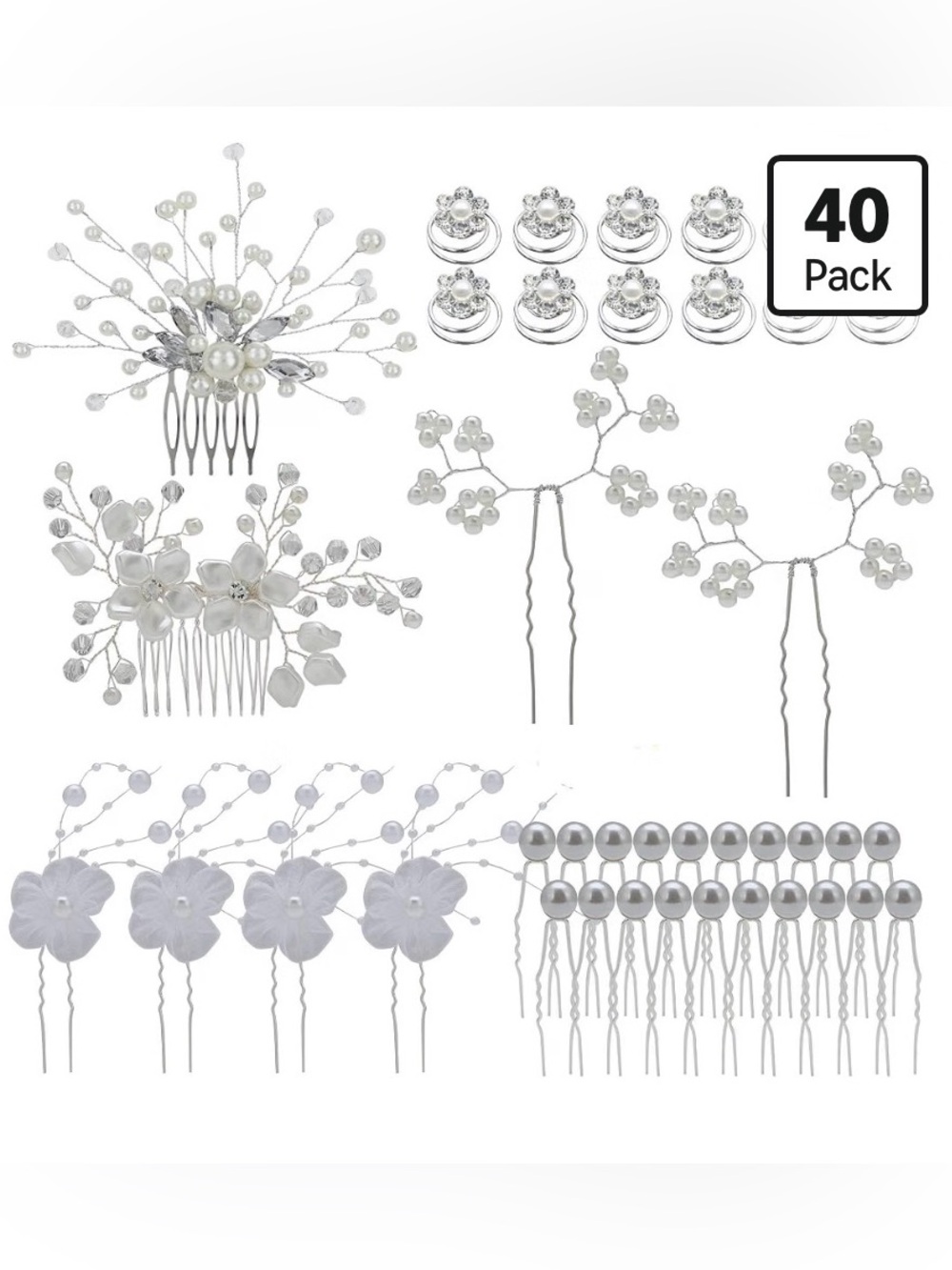 Silver Floral Pearl Bridal Hair 40-piece Accessory Set - White and Silver